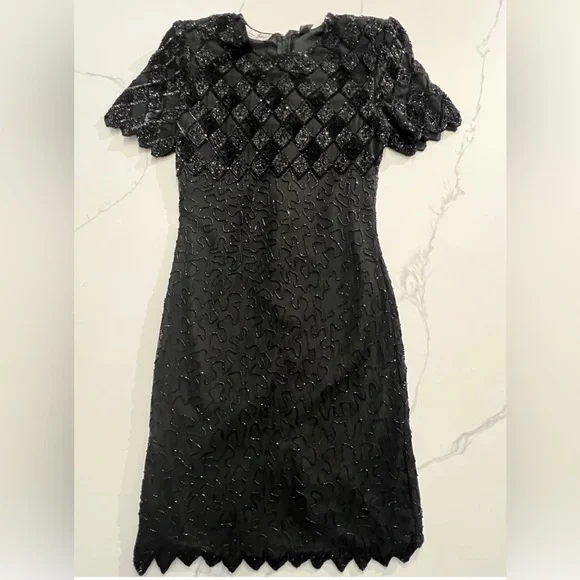 Vintage Laurence Kazar Womens Beaded Cocktail Dress Black Lined size small - Picture 2 of 12
